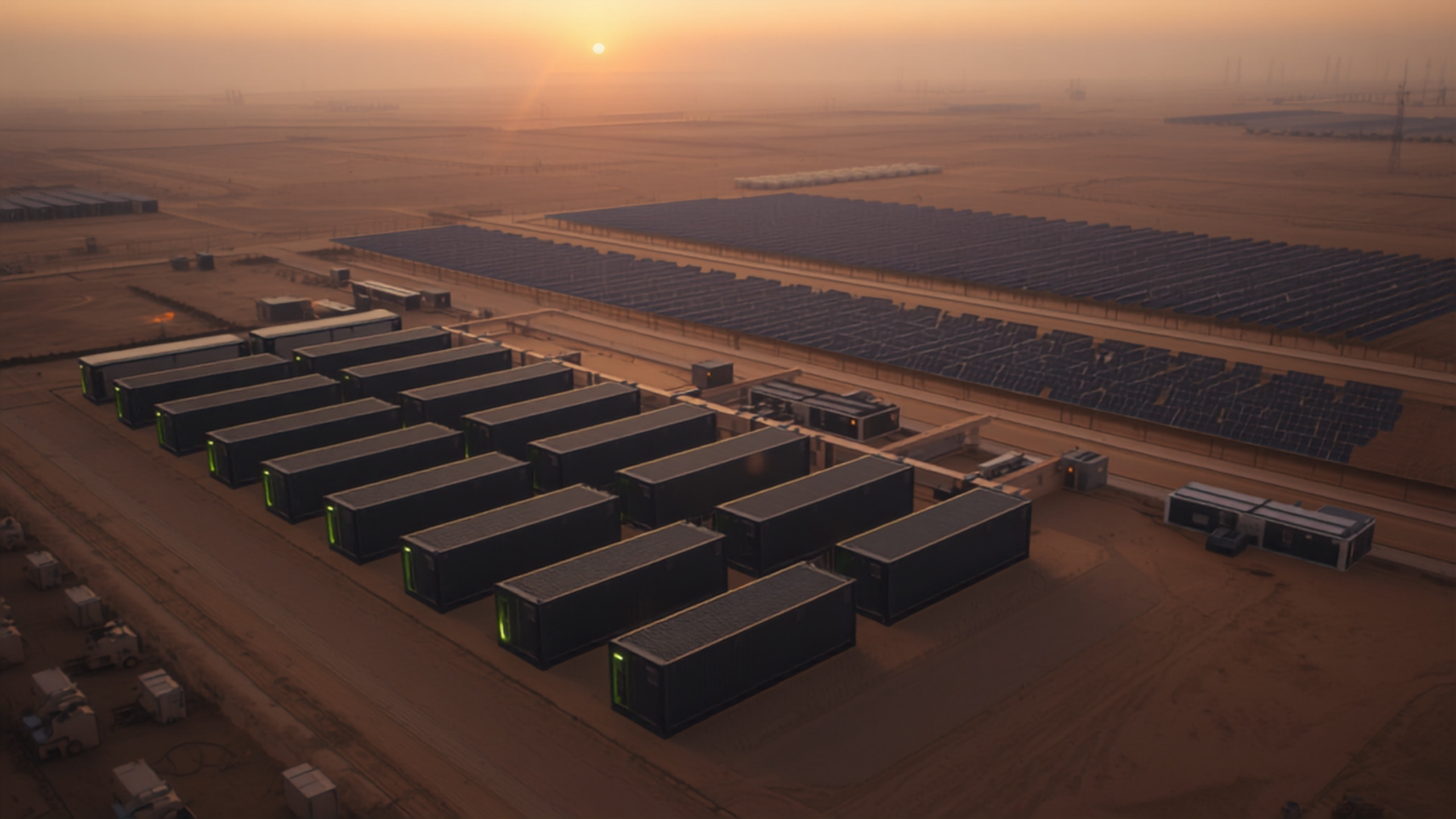 Aerial view at dusk of modular data centre units beside a desert solar farm