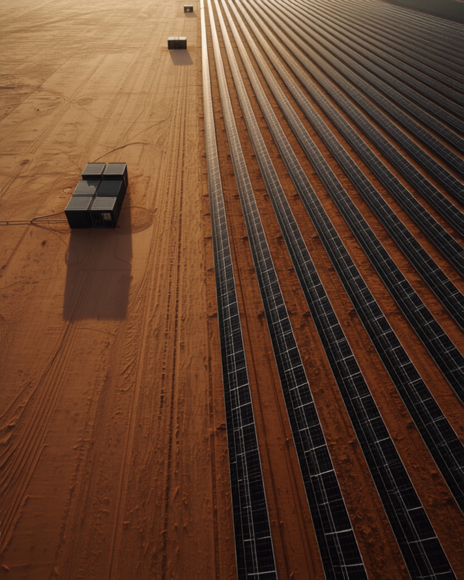 Aerial view of long solar panel rows in the desert with a modular data centre unit