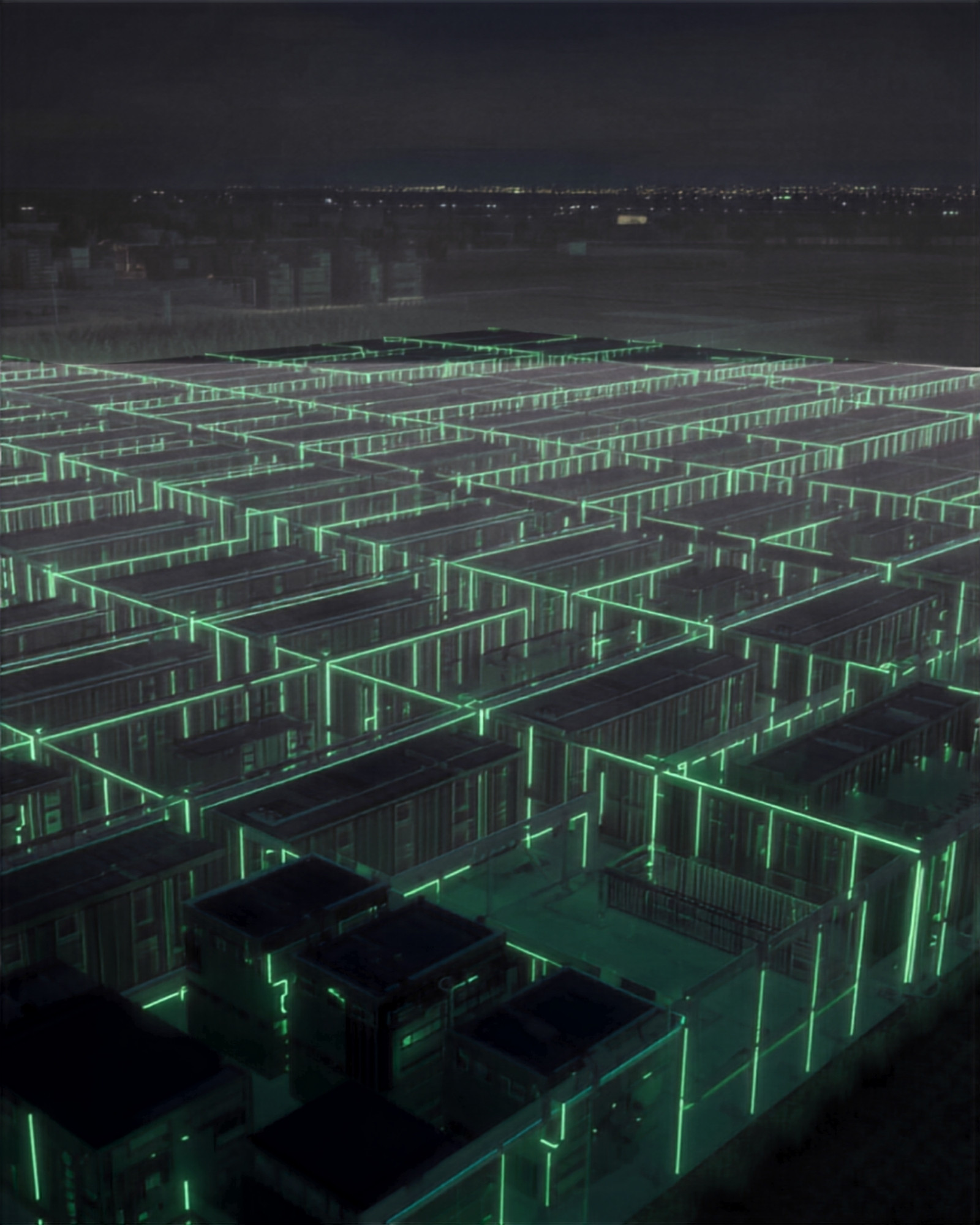 Aerial night view of a modular data centre campus lit with green lights
