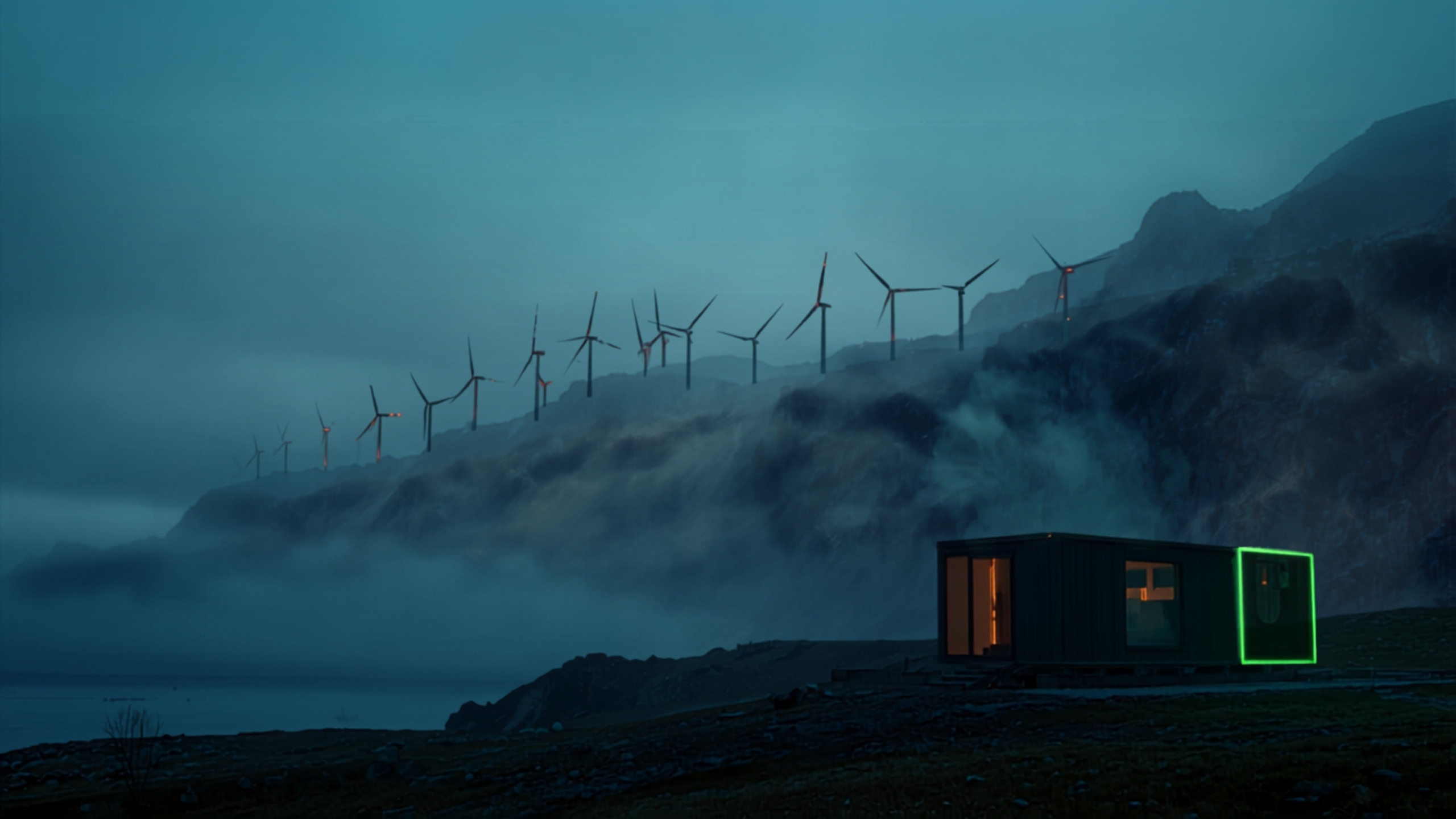 Wind turbines on a misty Nordic ridge above a small modular data centre