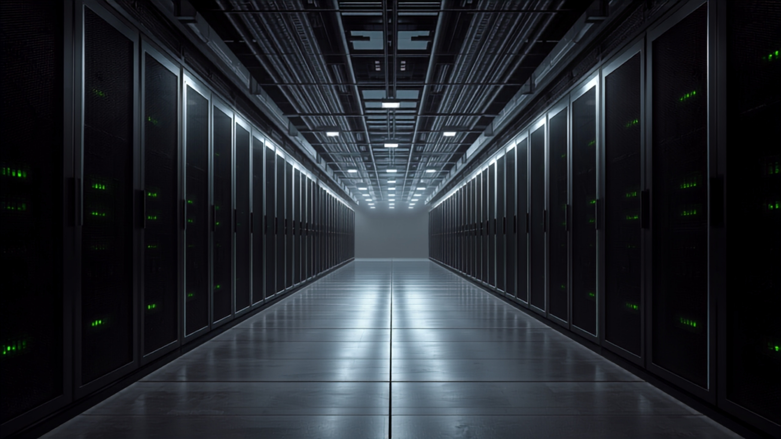Aisle of dark GPU server racks with green status lights in a data centre hall