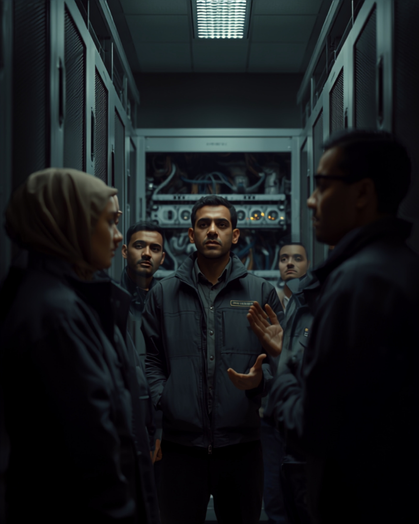 Group of technicians training together between server racks